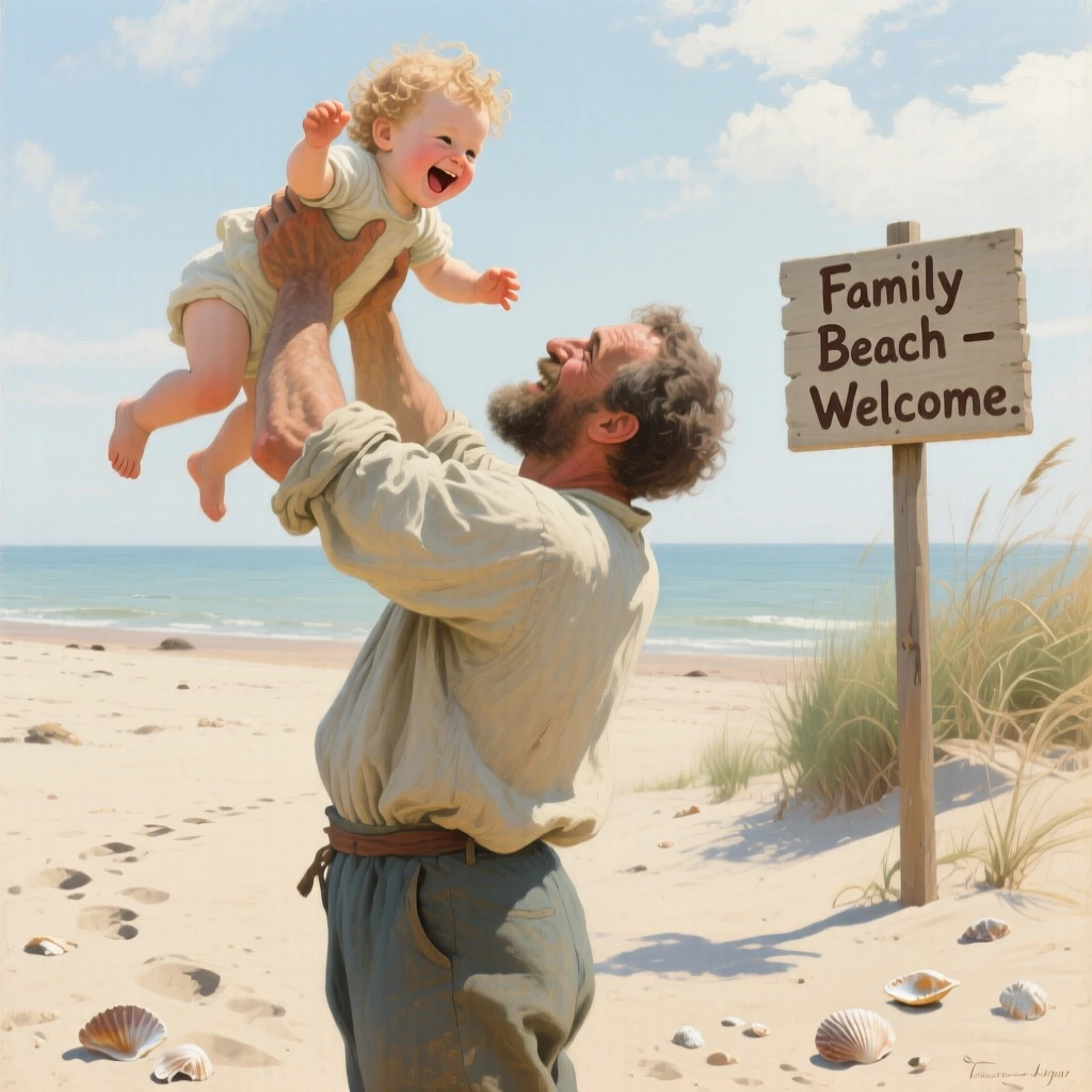 A father lifting his laughing toddler high into the air on a beach, their hands shown in careful, expressive detail, capturing a universal, deeply human moment of emotion