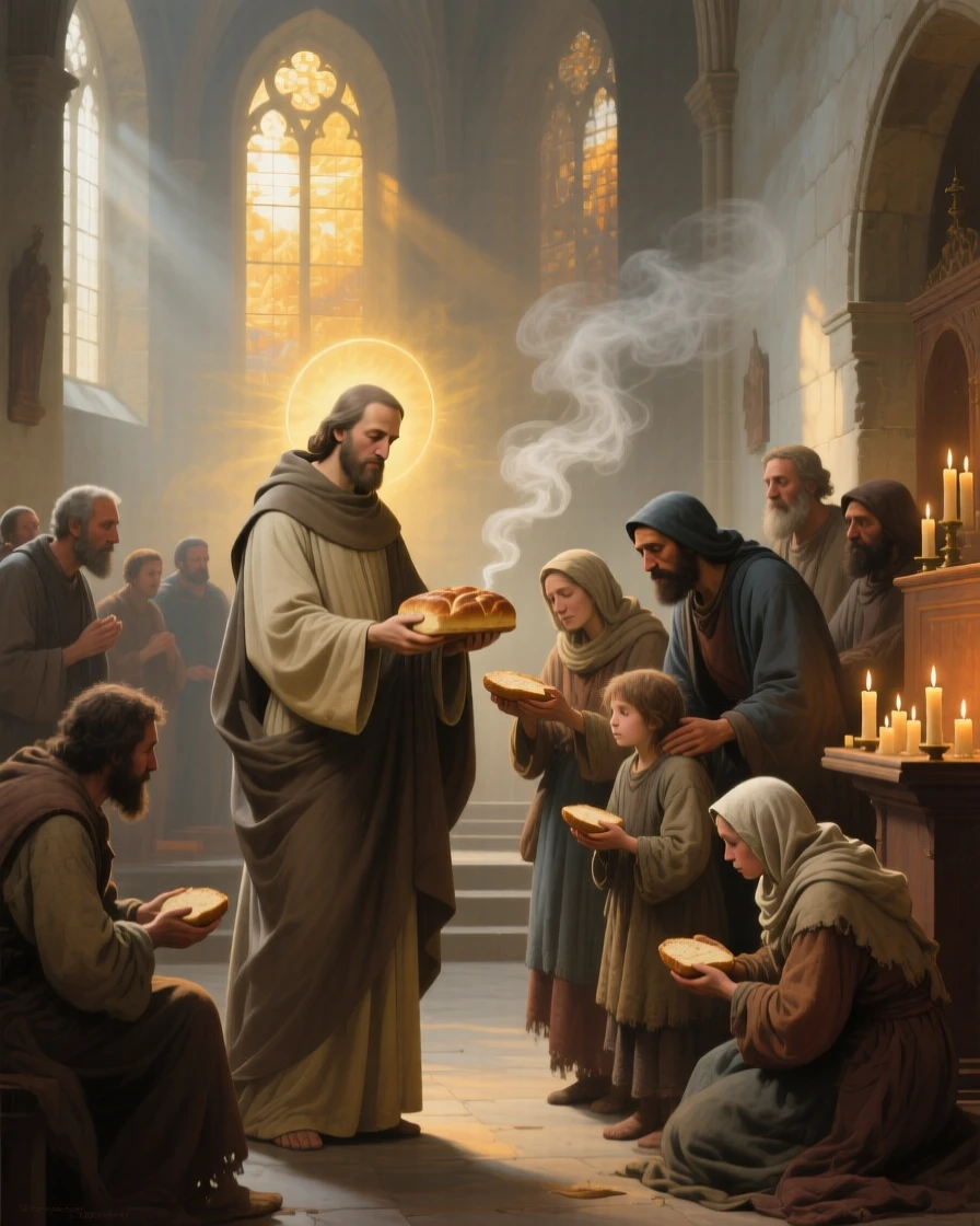 A saint offering bread to a gathering of the poor and hungry at the quiet culmination of a long inner journey, set within a sunlit chapel filled with drifting incense smoke, with candles flickering steadily despite an unseen breeze; the composition places the central figure within a halo of natural light, radiating compassion, faith, and gentle hope.