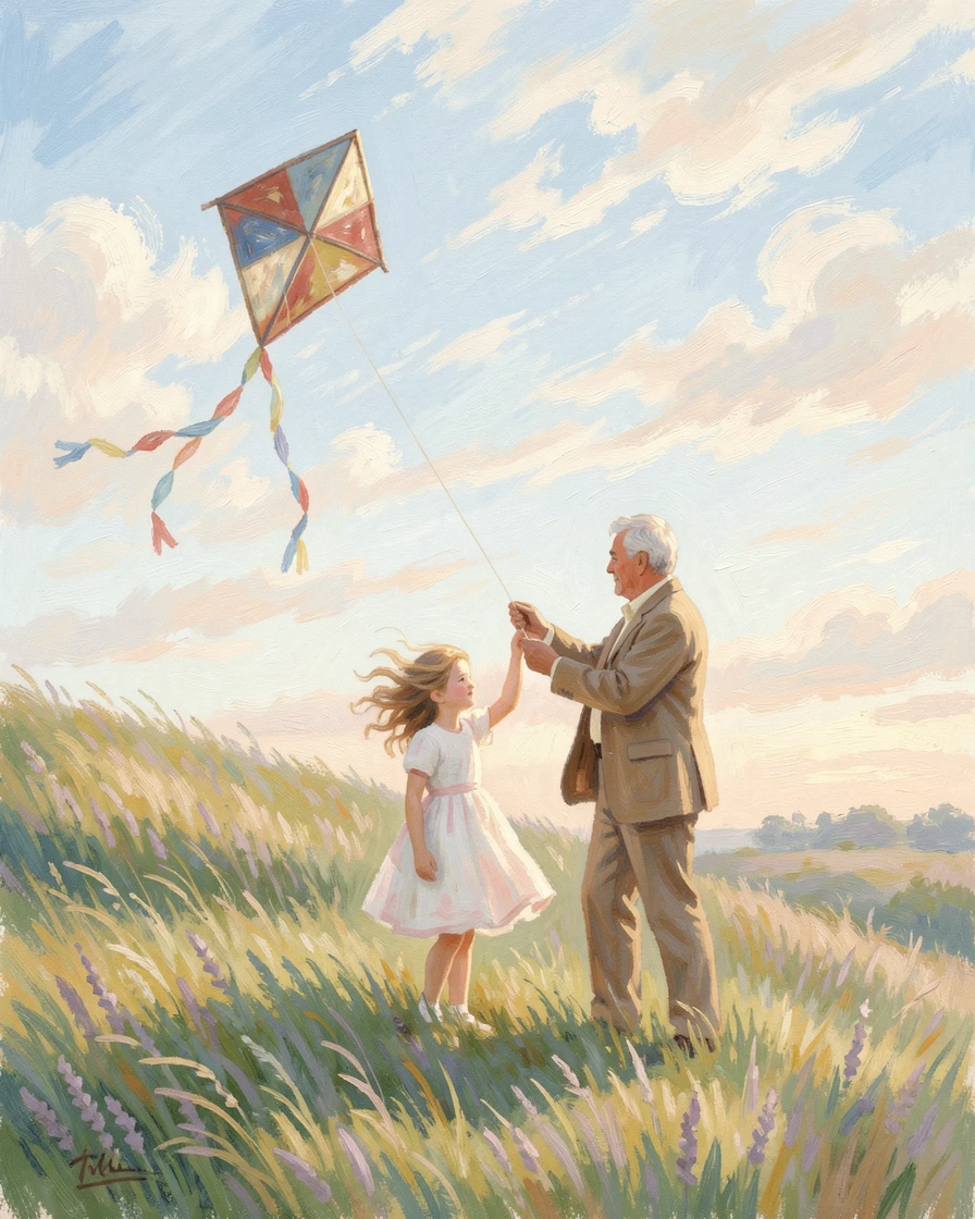 A little girl and her grandfather flying a homemade kite on a windy hilltop.