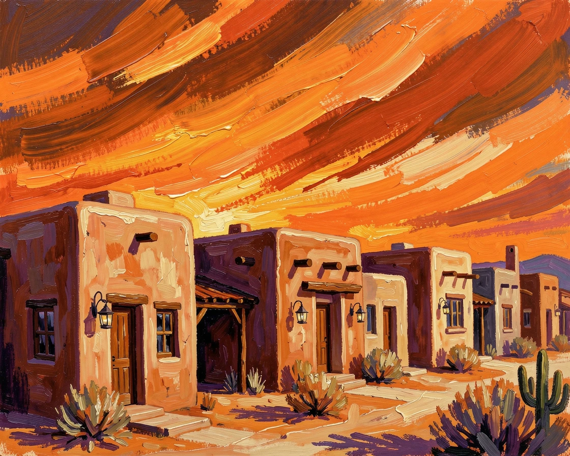 A row of adobe houses in a Southwestern desert town beneath a wide orange sky.