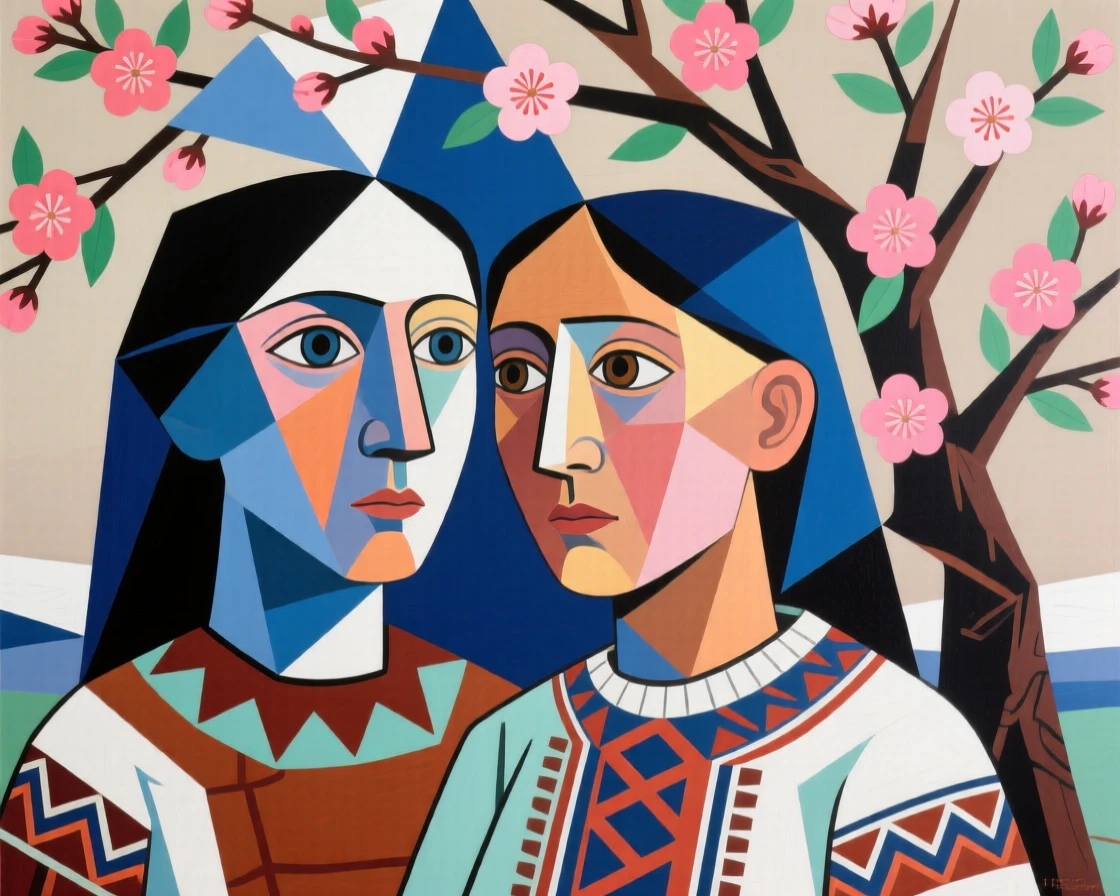 A tender close-up study of twin sisters of Inuit heritage reflecting quietly on a cherished memory, beneath a blossoming tree in spring.