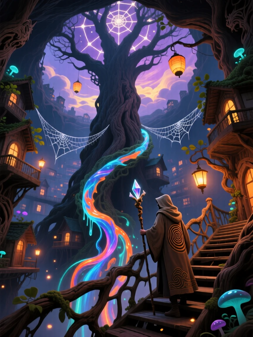 A city built inside the hollow of a giant tree trunk is slowly swallowed by climbing vines of light, as a lone traveler climbs toward its summit.