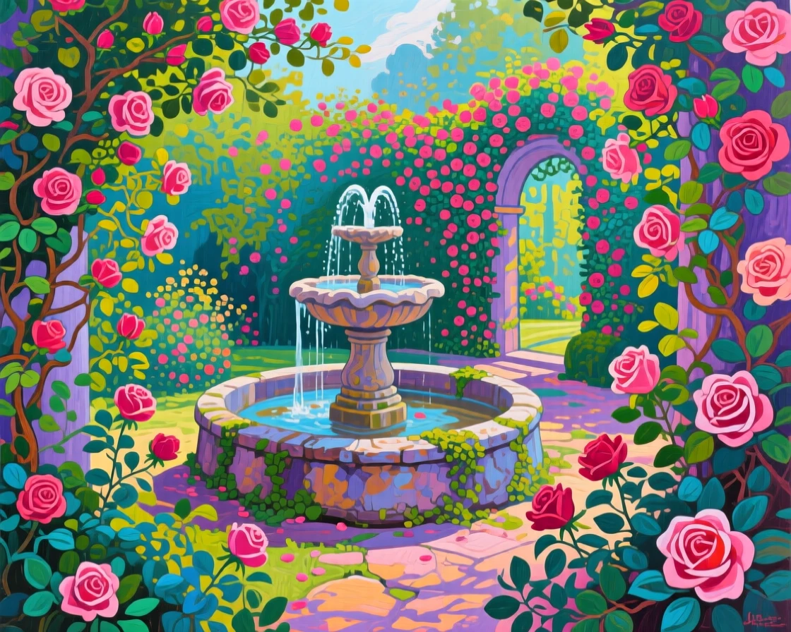 A hidden secret garden overgrown with climbing roses and an old stone fountain at its center