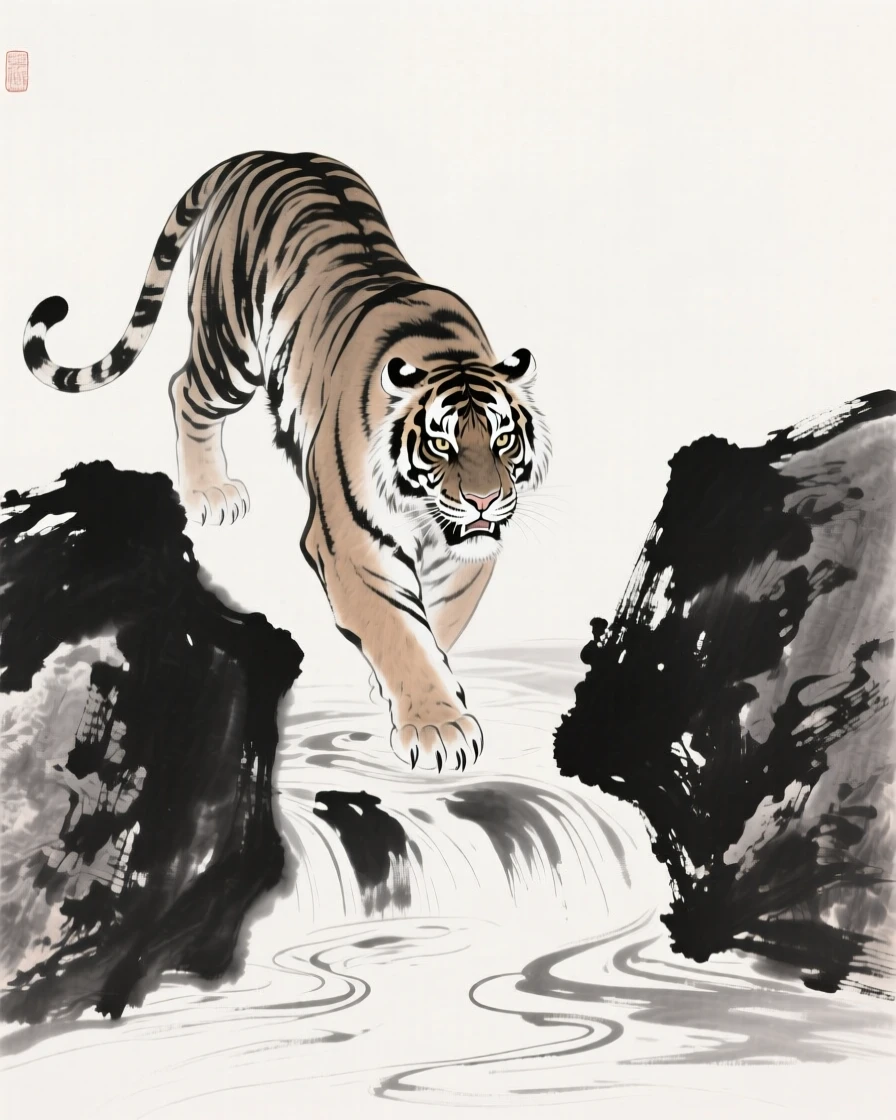 A tiger crosses a shallow stream between two boulders, with its muscles tensed and eyes fixed ahead.