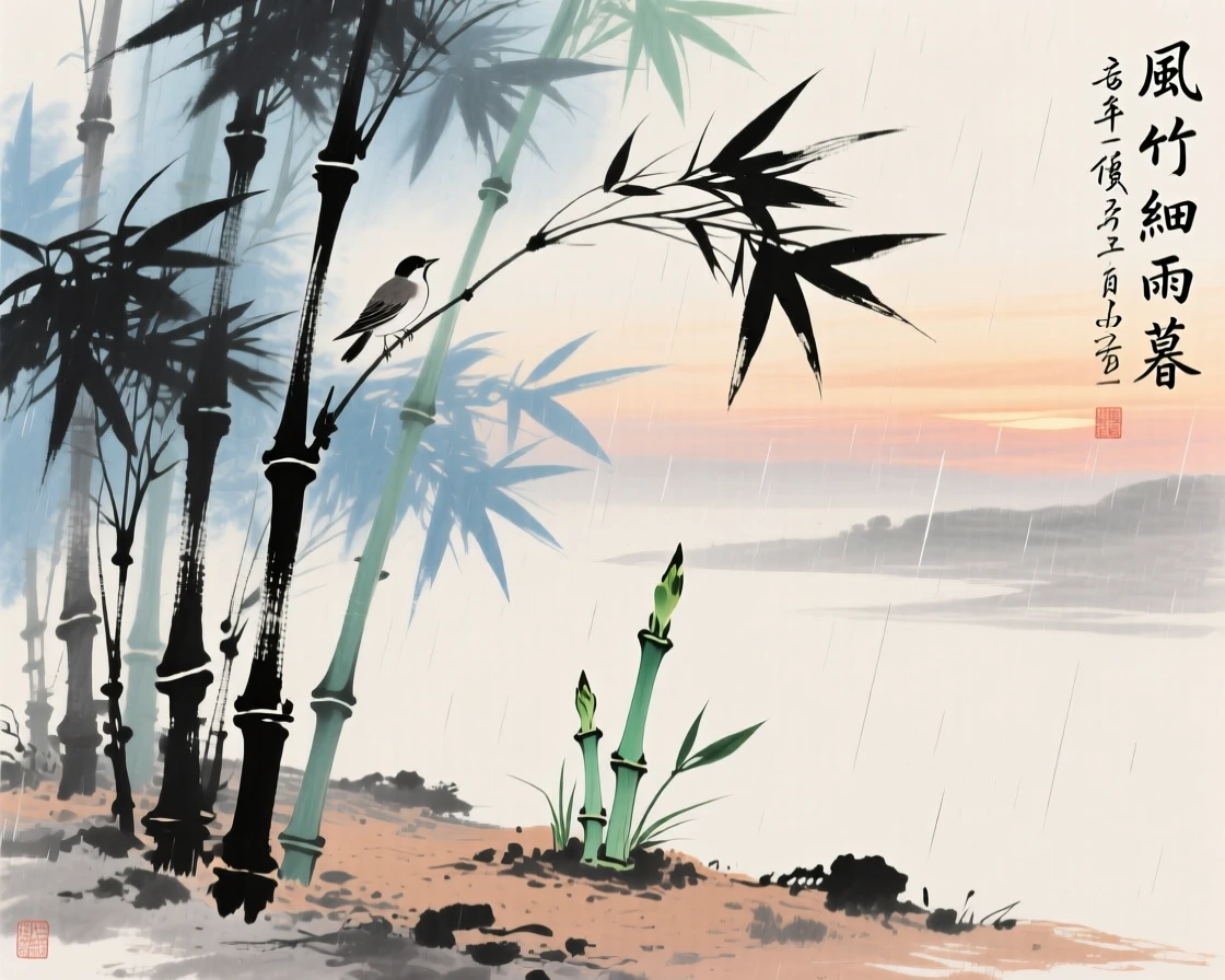 Bamboo swaying gently with a small bird sheltering among the leaves, as new bamboo shoots break through the soil, in a gentle drizzle, at dusk.