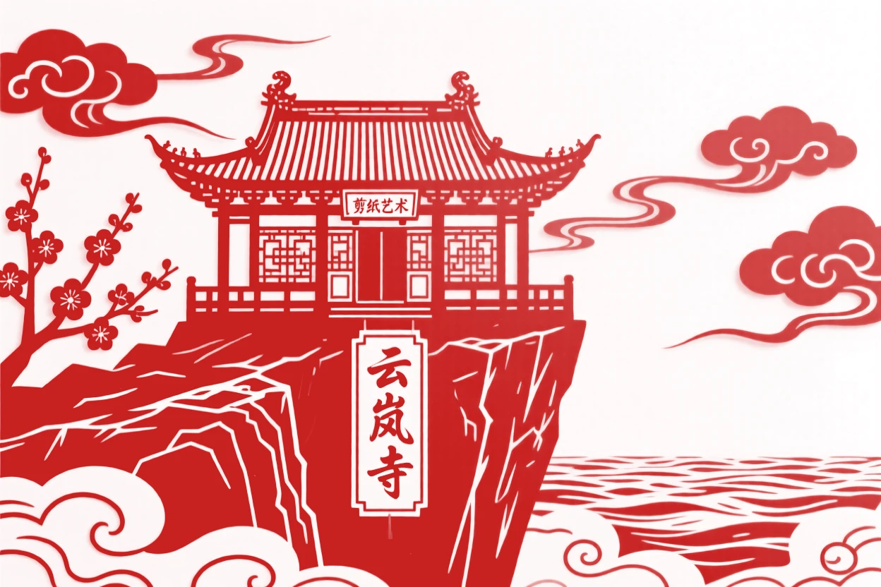 A mountain temple perched on a cliff edge above a sea of clouds, its rooftop just visible through drifting mist