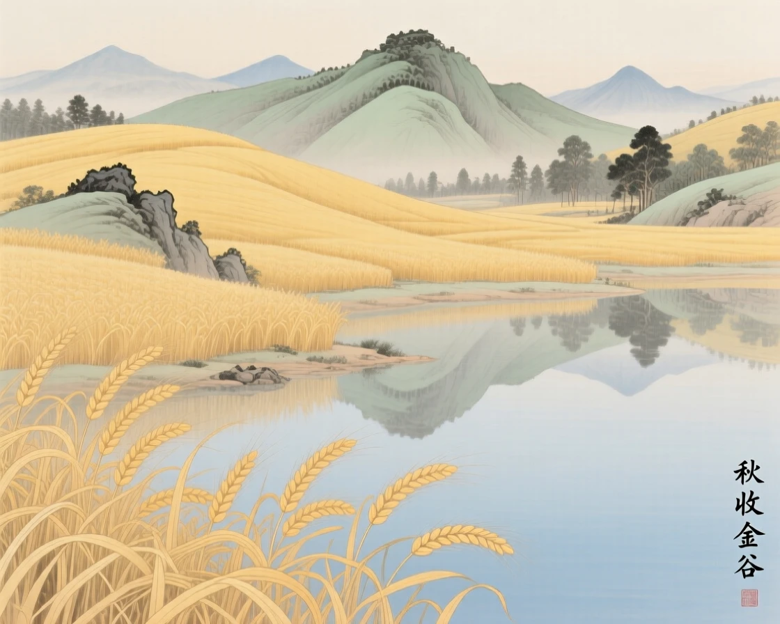 Rolling hills covered in golden wheat at harvest time, with reflections of the mountains rippling in still water