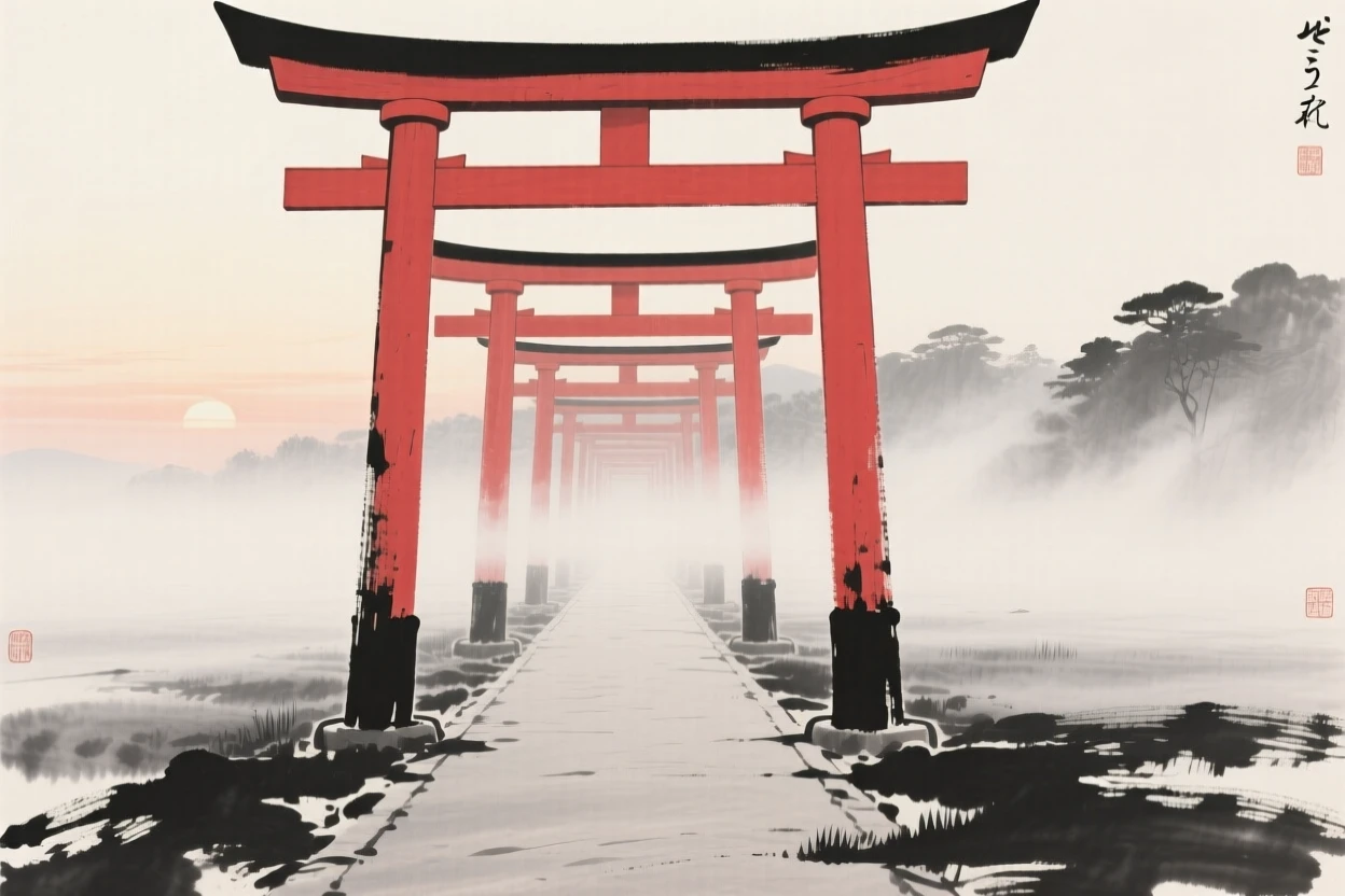 A row of red temple gates surrounded by drifting mist at dawn, framed symmetrically along a central path, evoking centuries of quiet history and devotion.