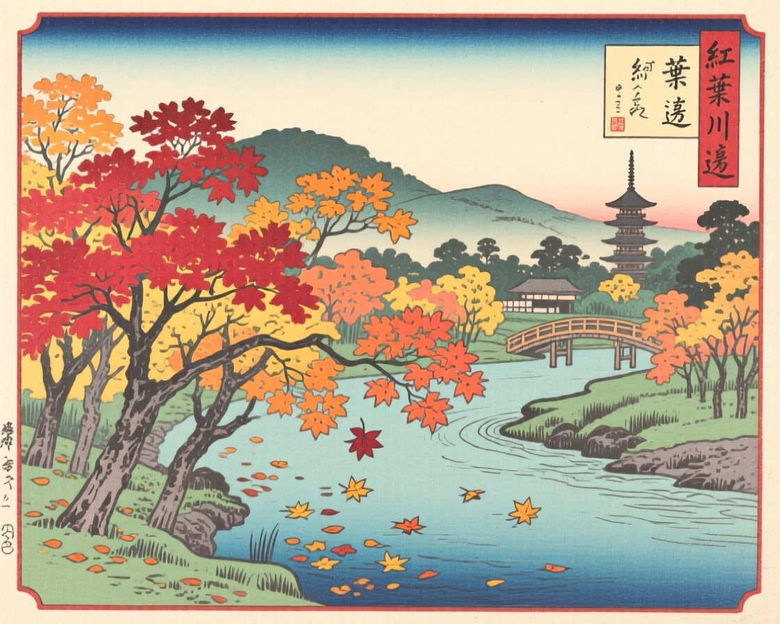 A maple-lined riverbank, surrounded by drifting autumn leaves.
