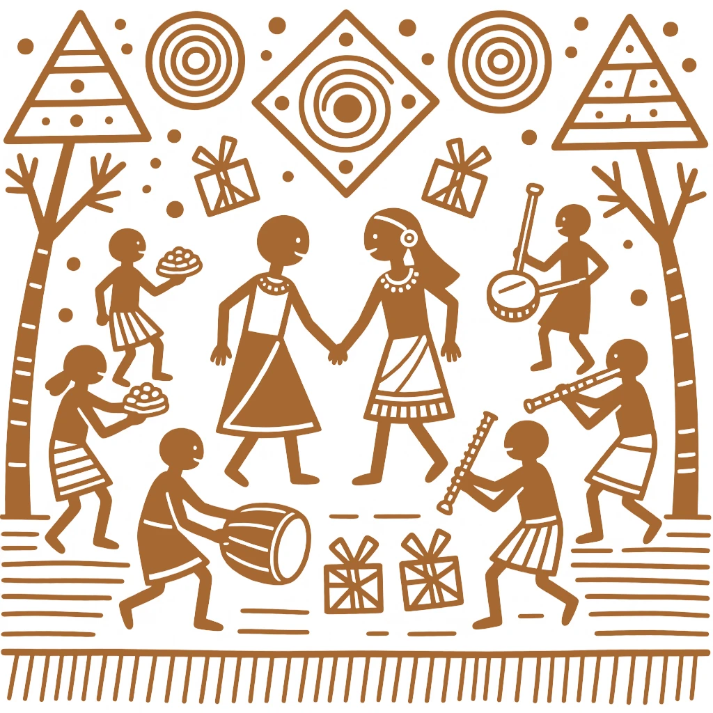 A wedding ceremony celebrated as villagers exchange sweets and gifts.