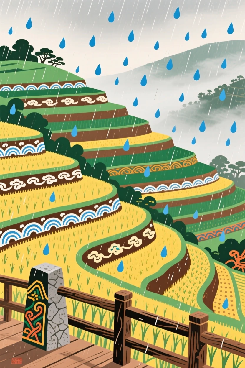Terraced rice fields climbing a hillside seen from a quiet overlook, during a light drizzle.