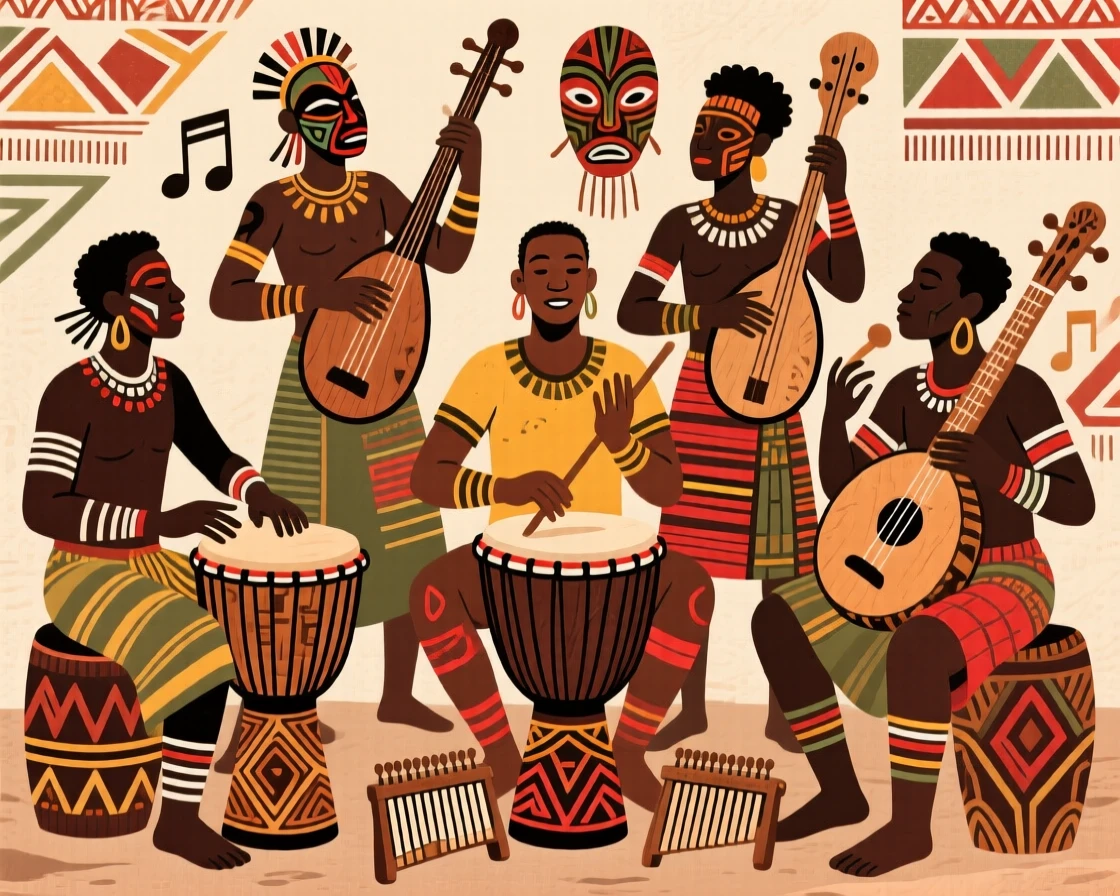 A group of musicians playing an array of hand-carved instruments.