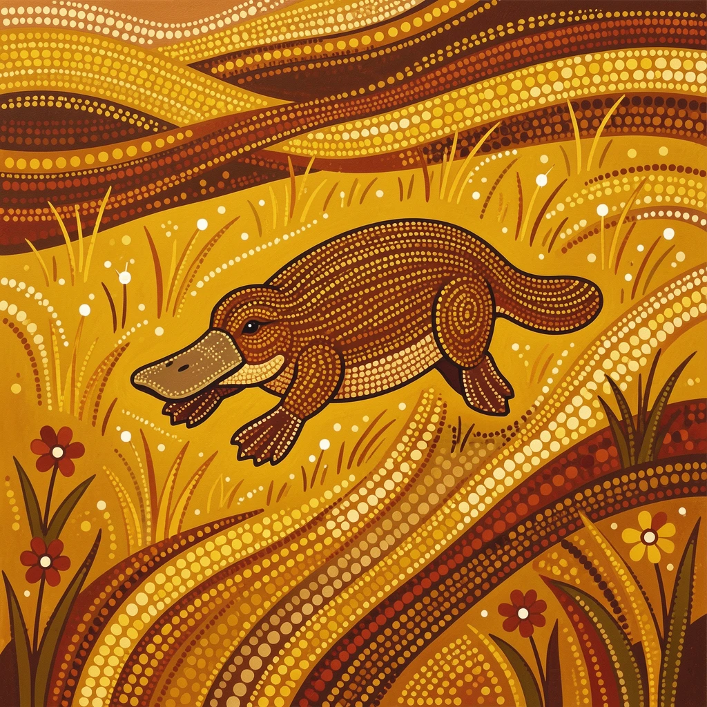 A platypus bounding across a golden meadow