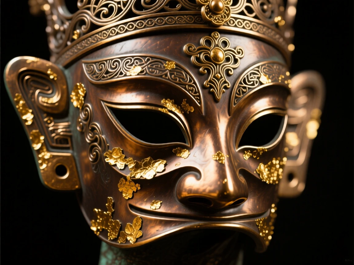 An ornate ceremonial mask adorned with gold leaf, catching the light with rich, warm reflections, radiating elegance and refinement