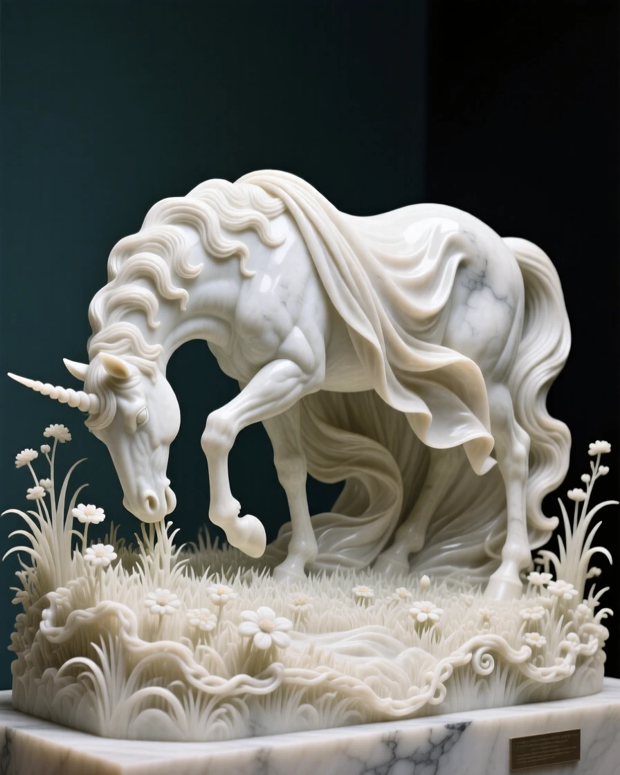 An epic scene of a unicorn grazing in an enchanted meadow, cloaked in flowing fabric that ripples in the wind, evoking myth and grandeur