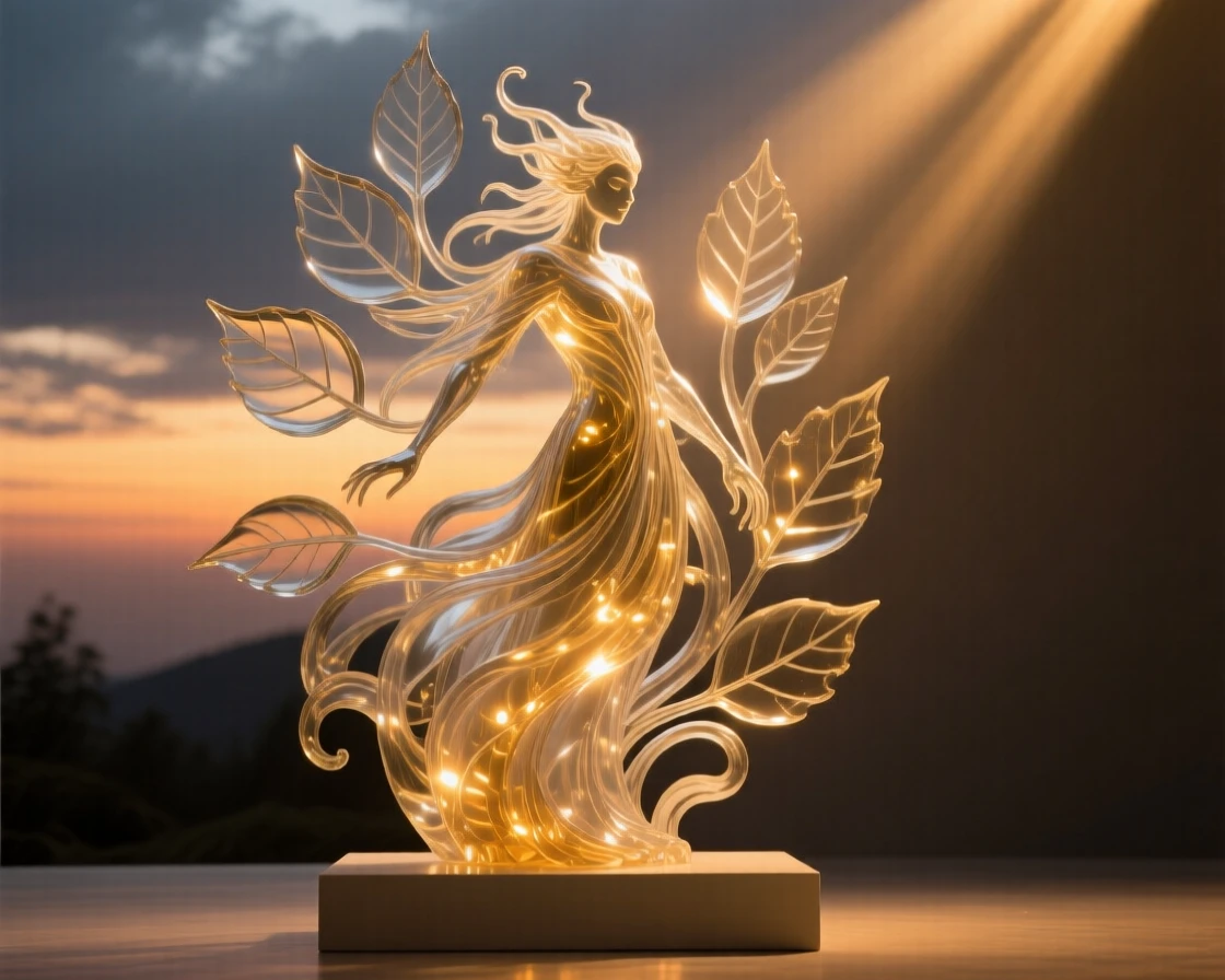 A woodland spirit made of leaves and light at golden hour with warm rays breaking through the clouds, epic scale composition, inspiring a sense of wonder and hope.
