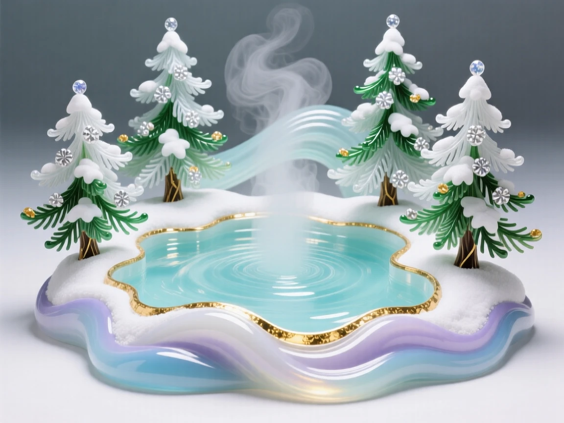 A tranquil hot spring surrounded by snow-covered pines, cozy and inviting.