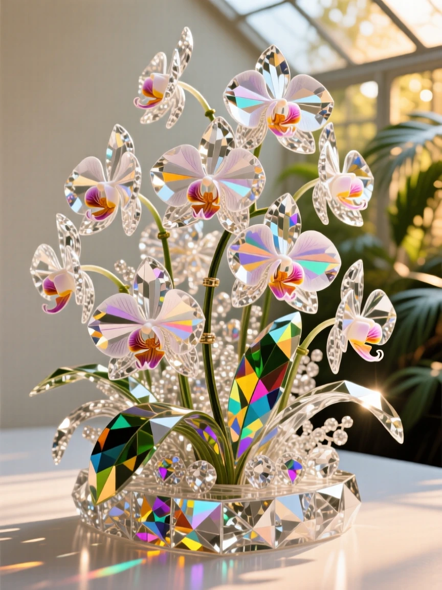 A greenhouse filled with rare tropical orchids bathed in warm afternoon light.