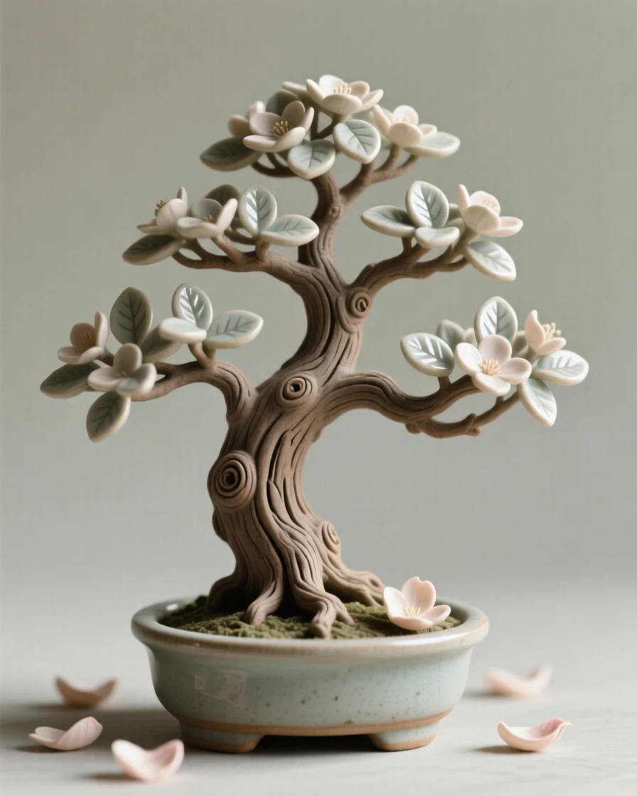 A bonsai tree shaped by patient hands clustered together in natural harmony, surrounded by scattered fallen petals, stirring feelings of peace and gentle growth.