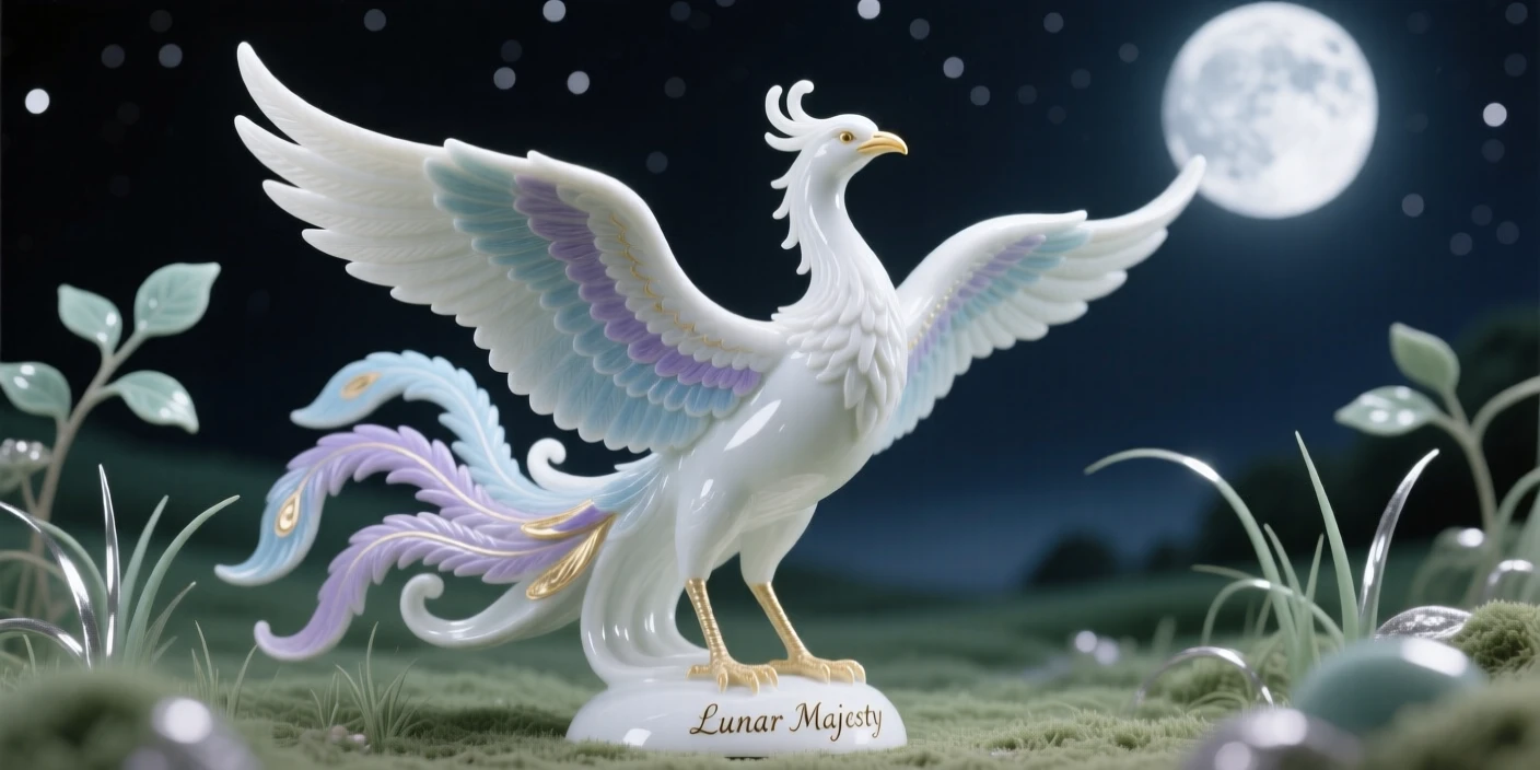 A majestic phoenix standing in a moonlit glade, wings spread wide against a starlit sky.