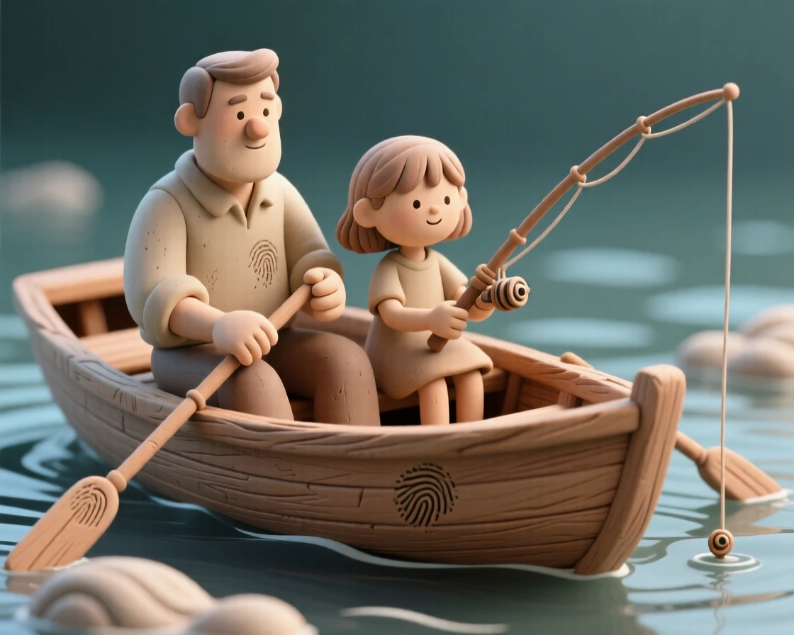 A father and daughter fishing quietly from a wooden rowboat
