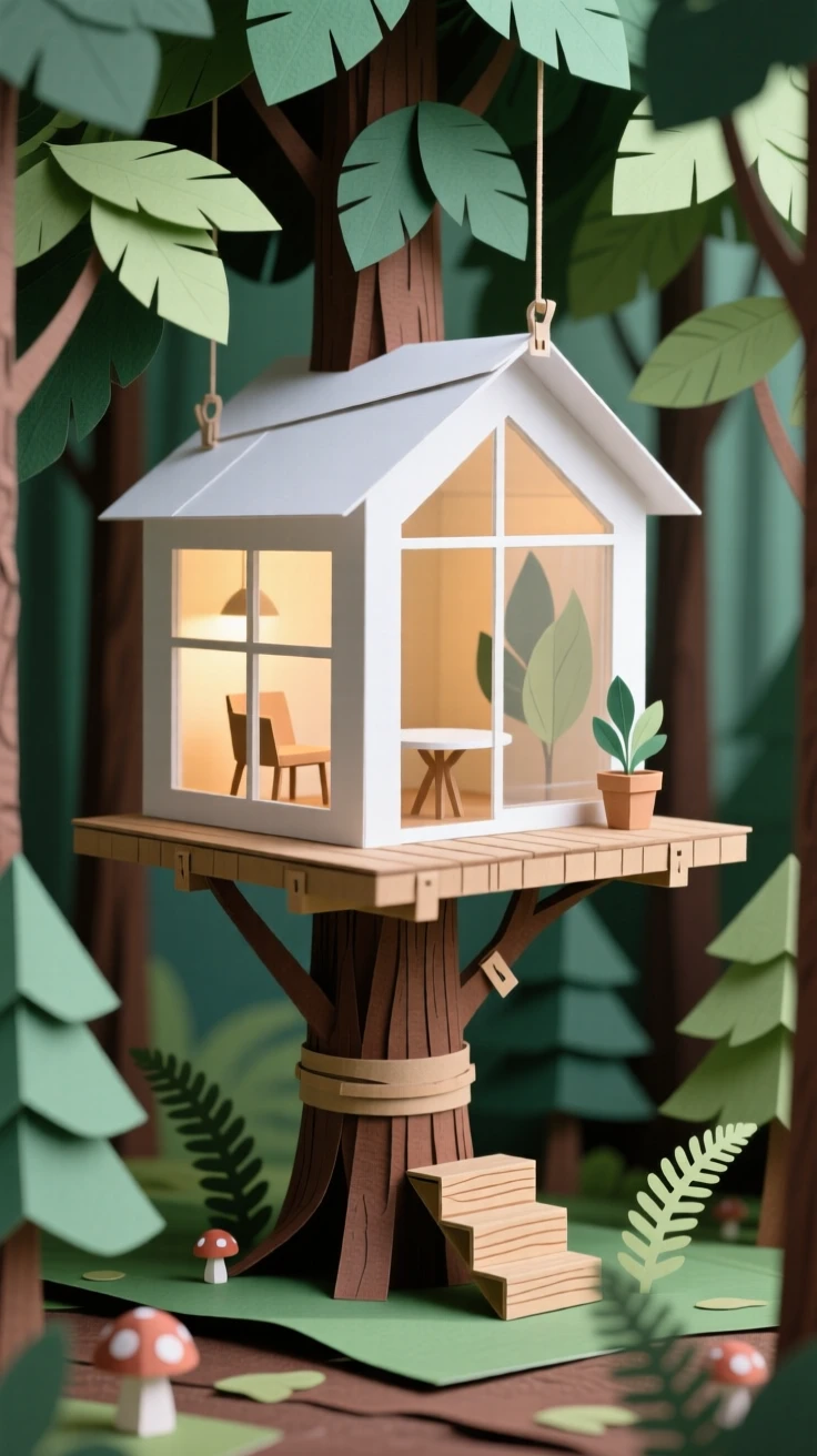 A modern treehouse suspended among tall forest canopy, large glass windows revealing a cozy interior glowing warmly at dusk, evoking imaginative sustainable living.