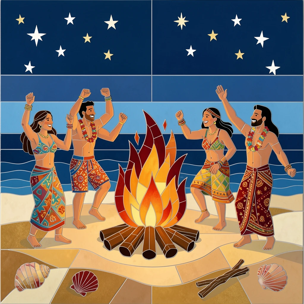 A vibrant, festive scene of a summer beach bonfire party with friends dancing under the stars, rich in color and cultural detail.