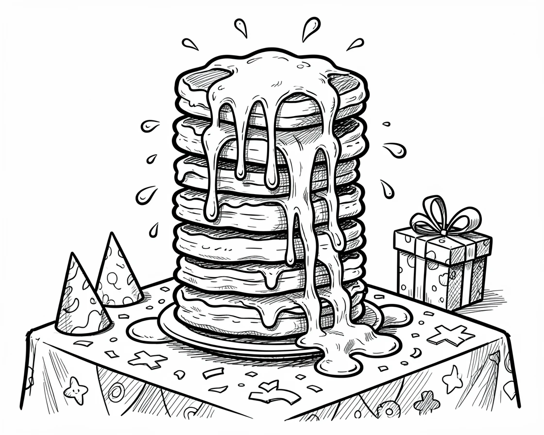 A stack of fluffy pancakes with syrup on a table set for a birthday party.