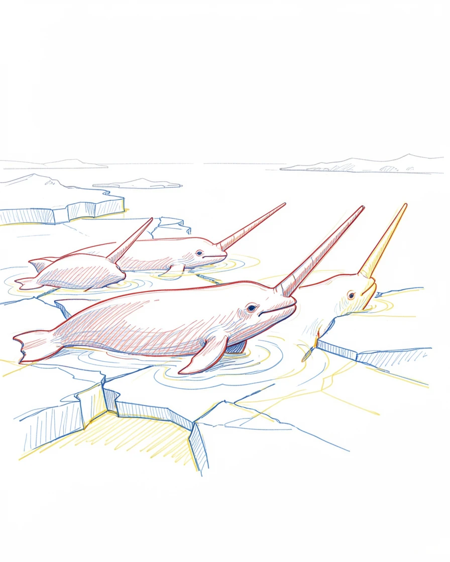 A pod of narwhals surfacing through cracks in Arctic sea ice