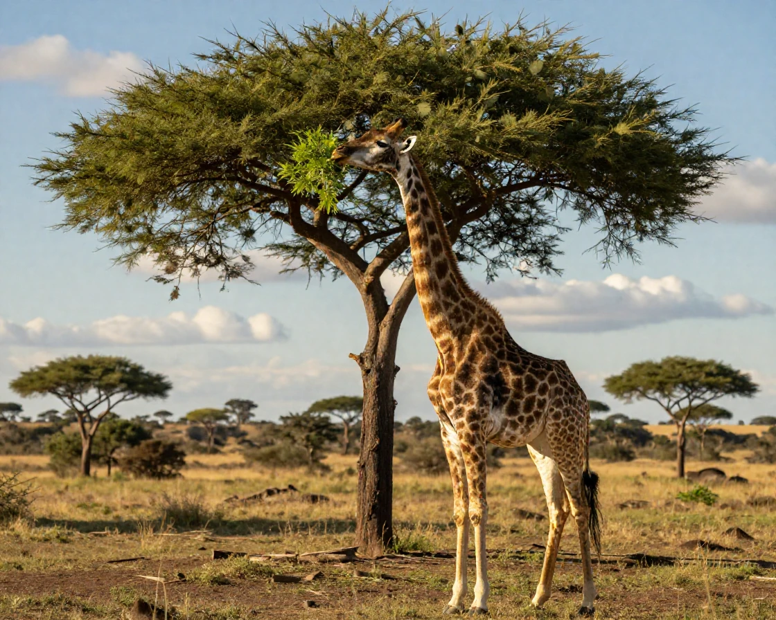 A giraffe reaching for leaves on a tall acacia tree