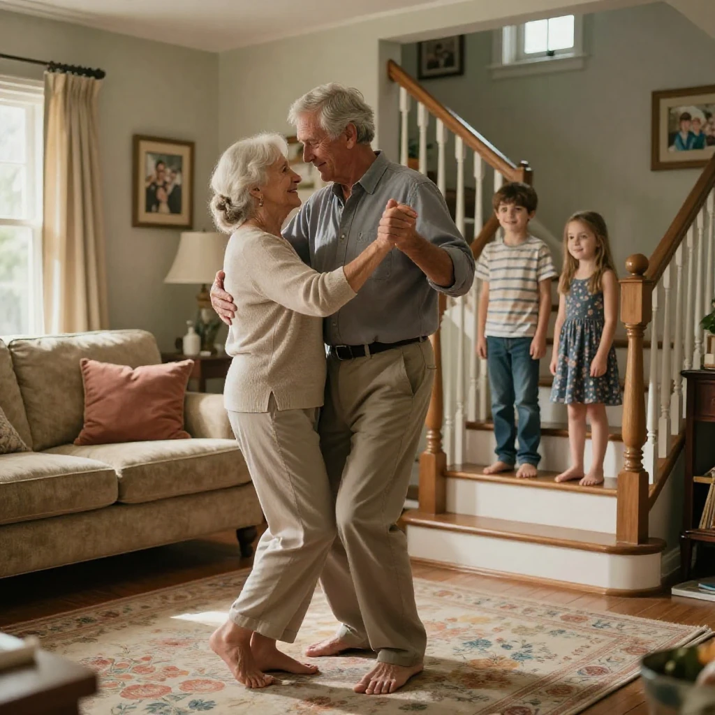 An elderly couple slow-dances barefoot in their living room while their grandchildren watch from the staircase.