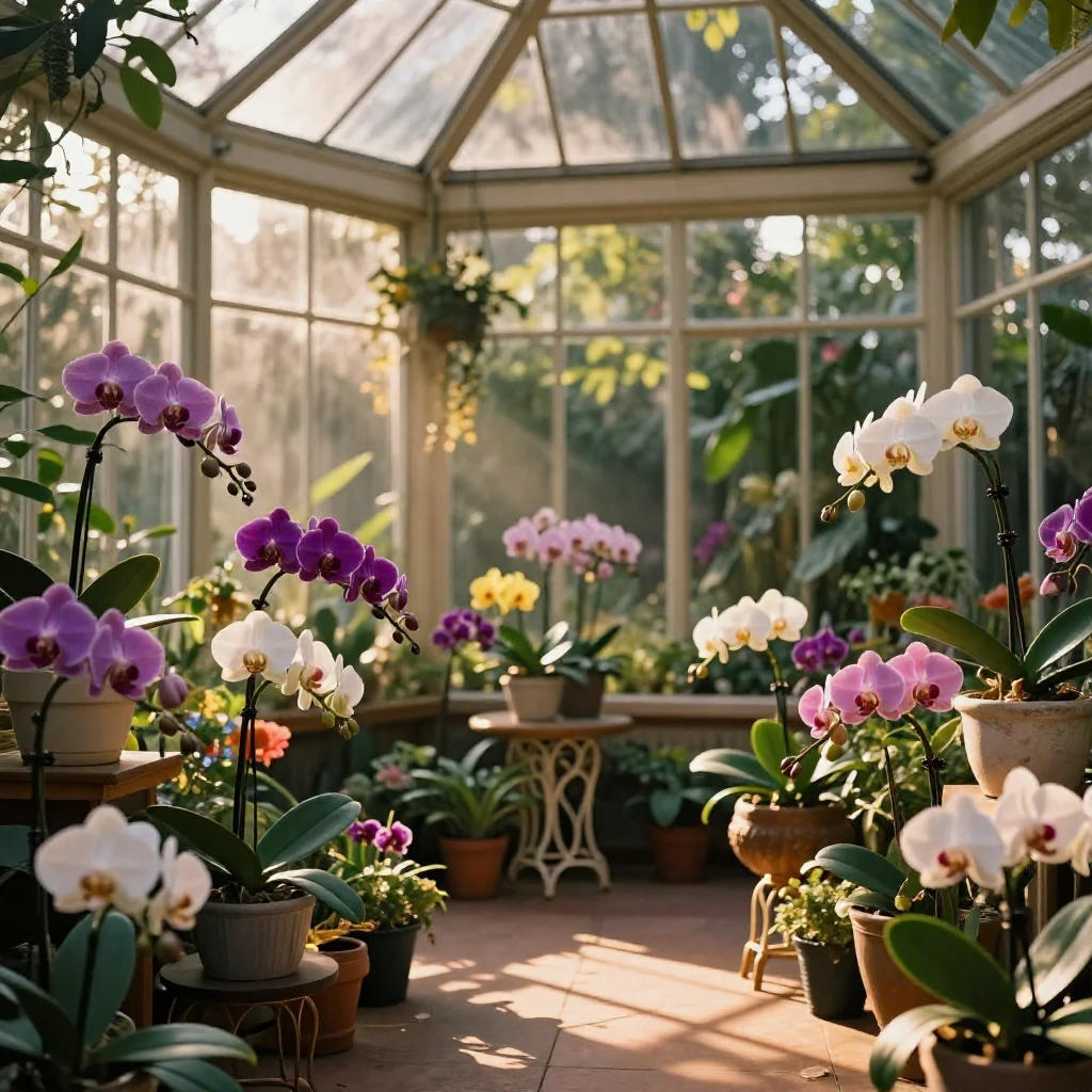 A sunlit conservatory filled with blooming orchids on a warm summer evening