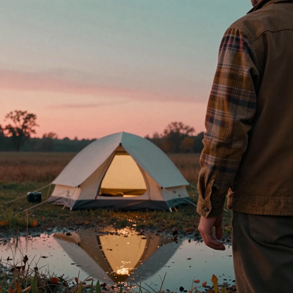 A tent glowing softly from within beneath a starlit sky, in warm morning light, just after a rain shower, with puddles reflecting the sky, in late autumn, in vivid coral and turquoise hues, over the shoulder of the main subject.
