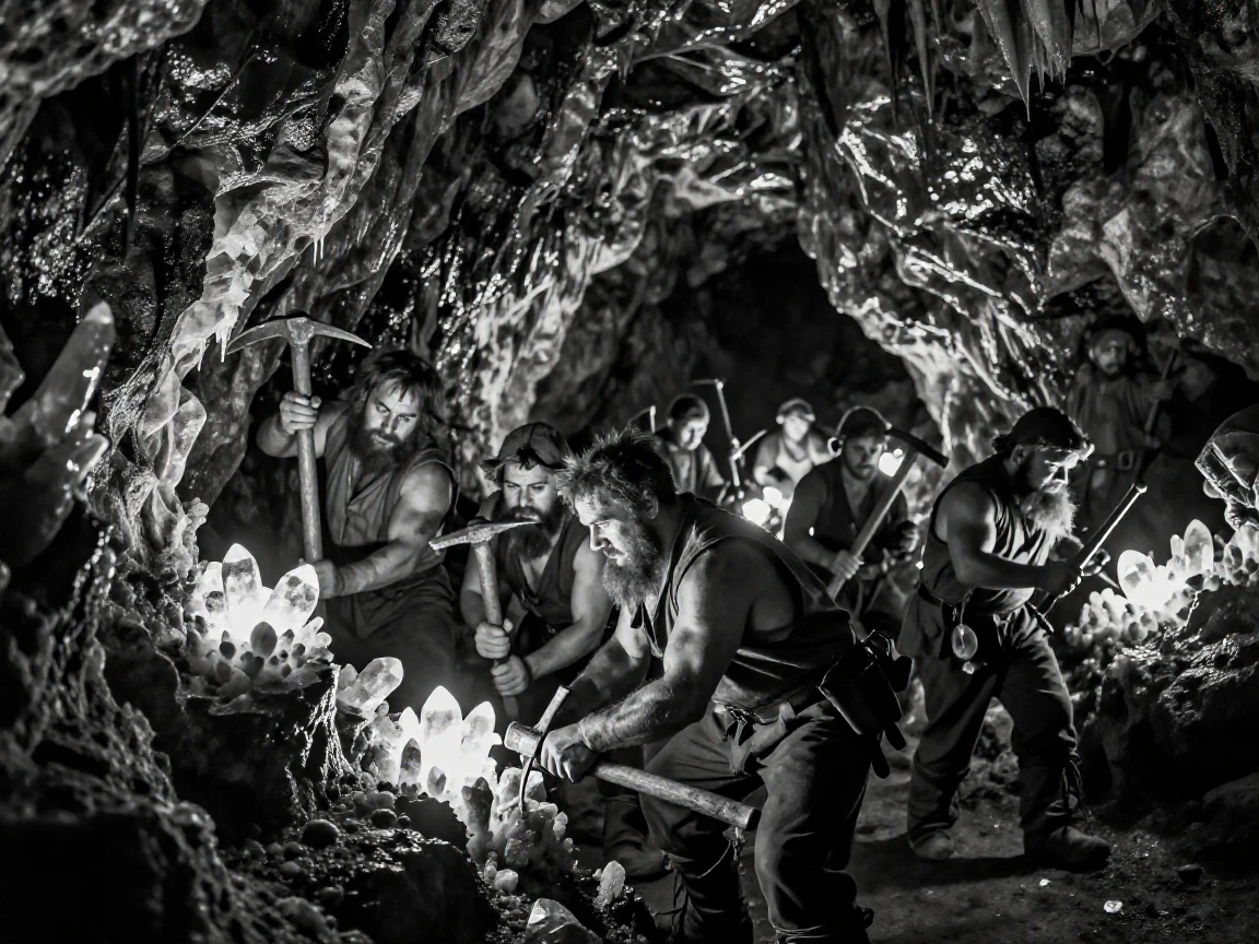 A band of dwarves mines glowing crystal from a cavern wall deep beneath a mountain.