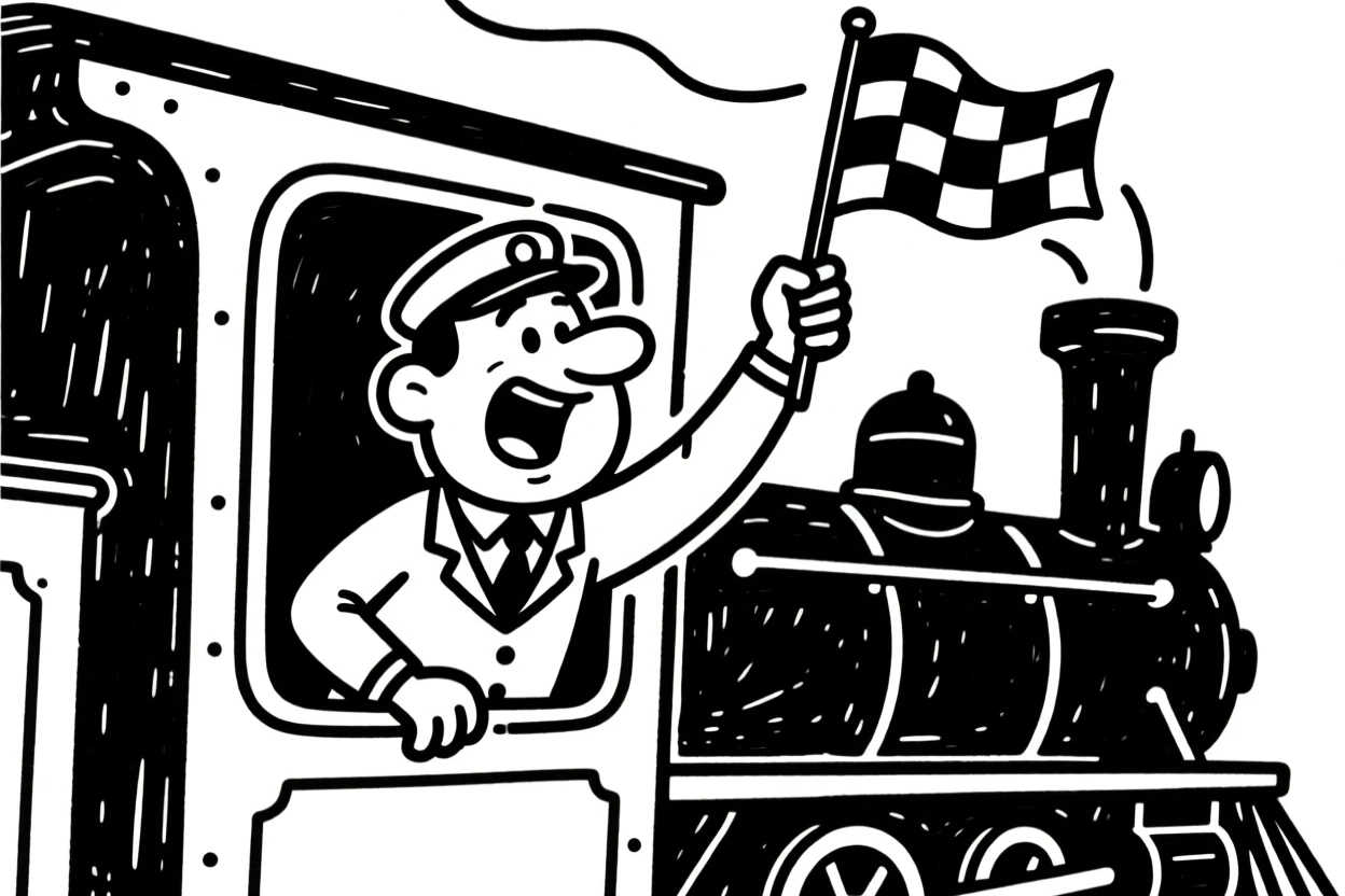 A train conductor leaning out of a vintage steam train, waving a checkered flag.