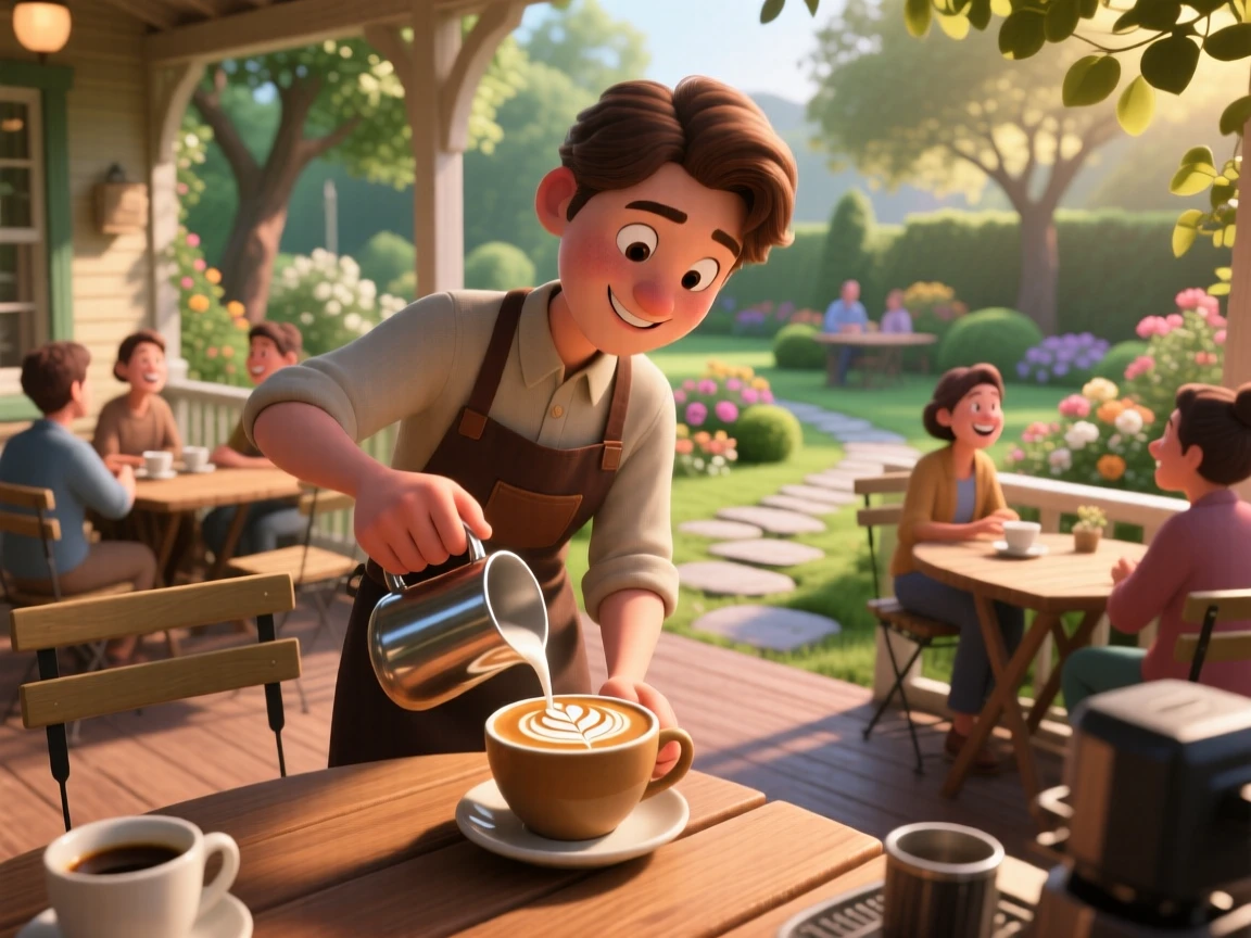 A barista drawing a leaf pattern in latte foam is captured on a porch overlooking a quiet garden, with soft chatter drifting from nearby tables. A quiet, wholesome charm lingers over the moment.