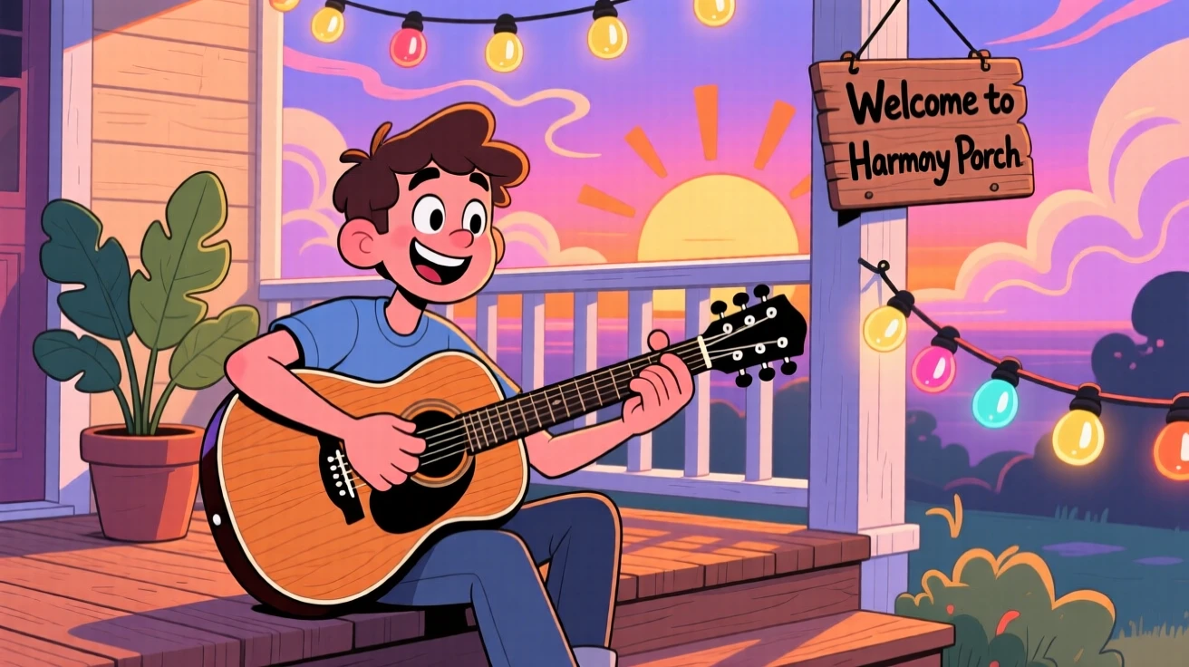 A musician tuning a guitar on a porch at sunset.