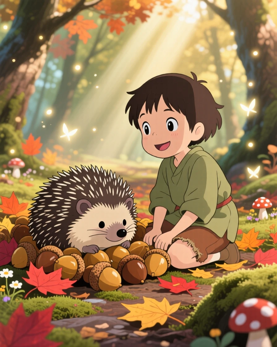 A hedgehog curled up among fallen acorns, beside a small child watching with delight, radiating pure charm.