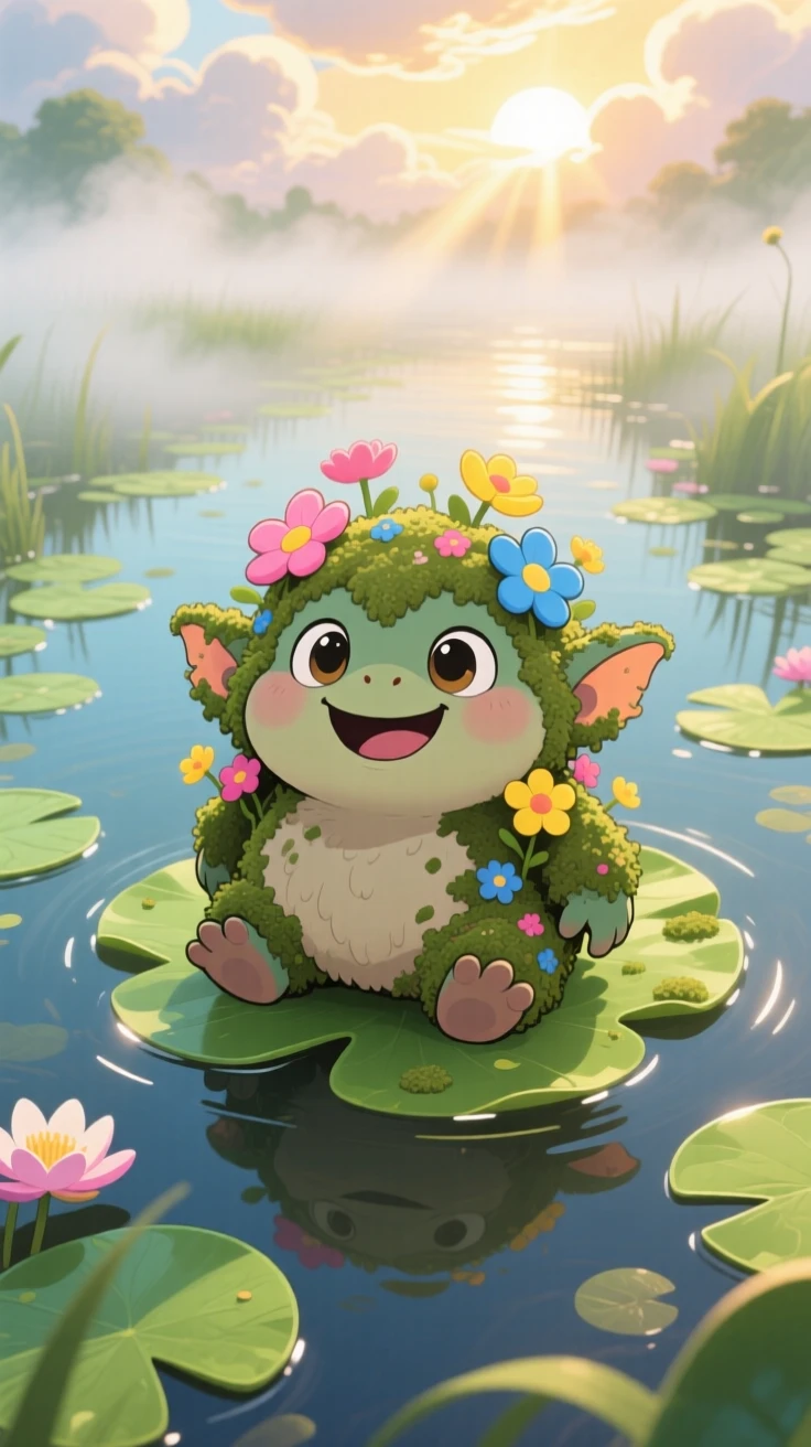 Bird's-eye view of a friendly swamp troll, growing flowers from its mossy shoulders, in a lily-pad-covered marsh, on a misty foggy morning, illuminated by rays of sunrise breaking through clouds, radiating triumphant pride.