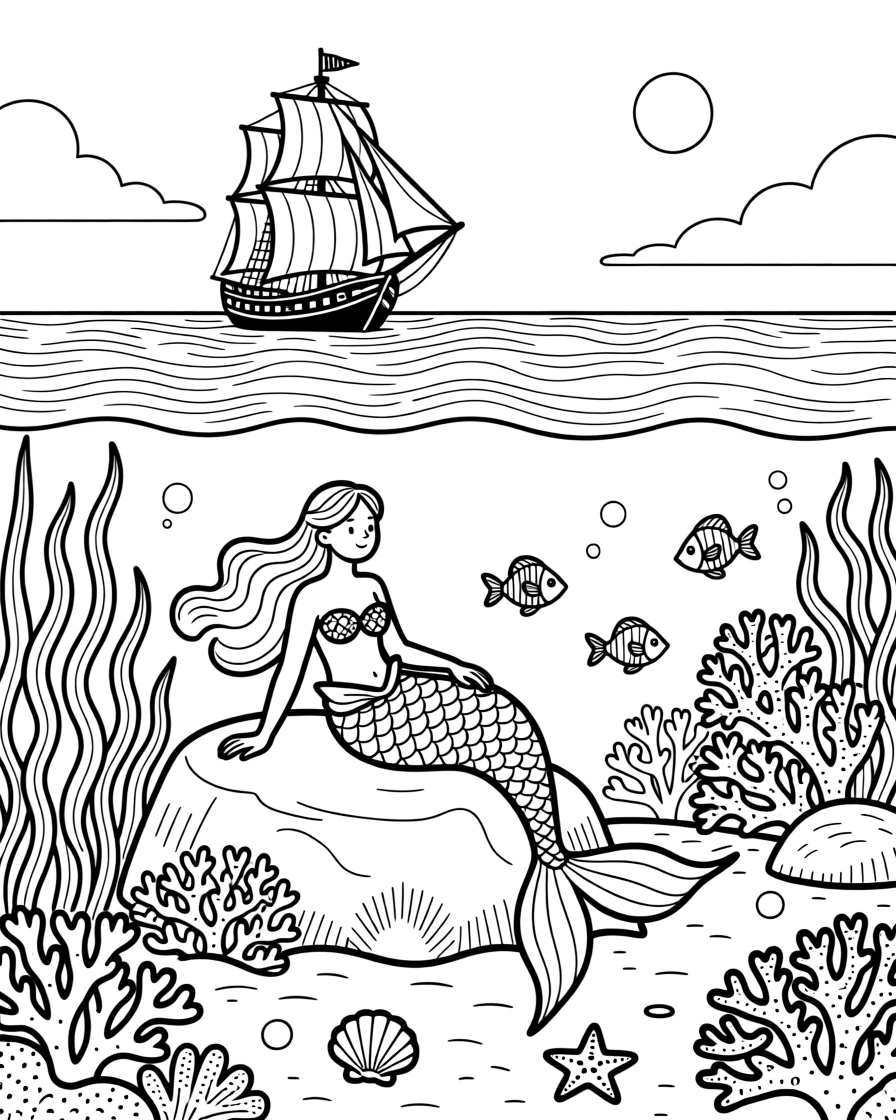 A mermaid lagoon surrounded by glowing coral, with a distant silhouette of a ship above the waves.