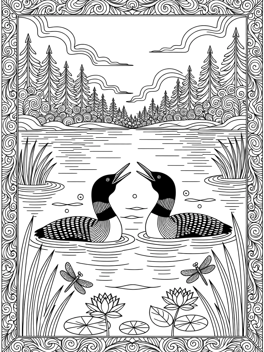 A pair of loons calling to each other across a still lake.