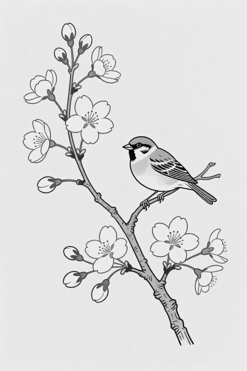 A branch of cherry blossoms with a small bird perched on it