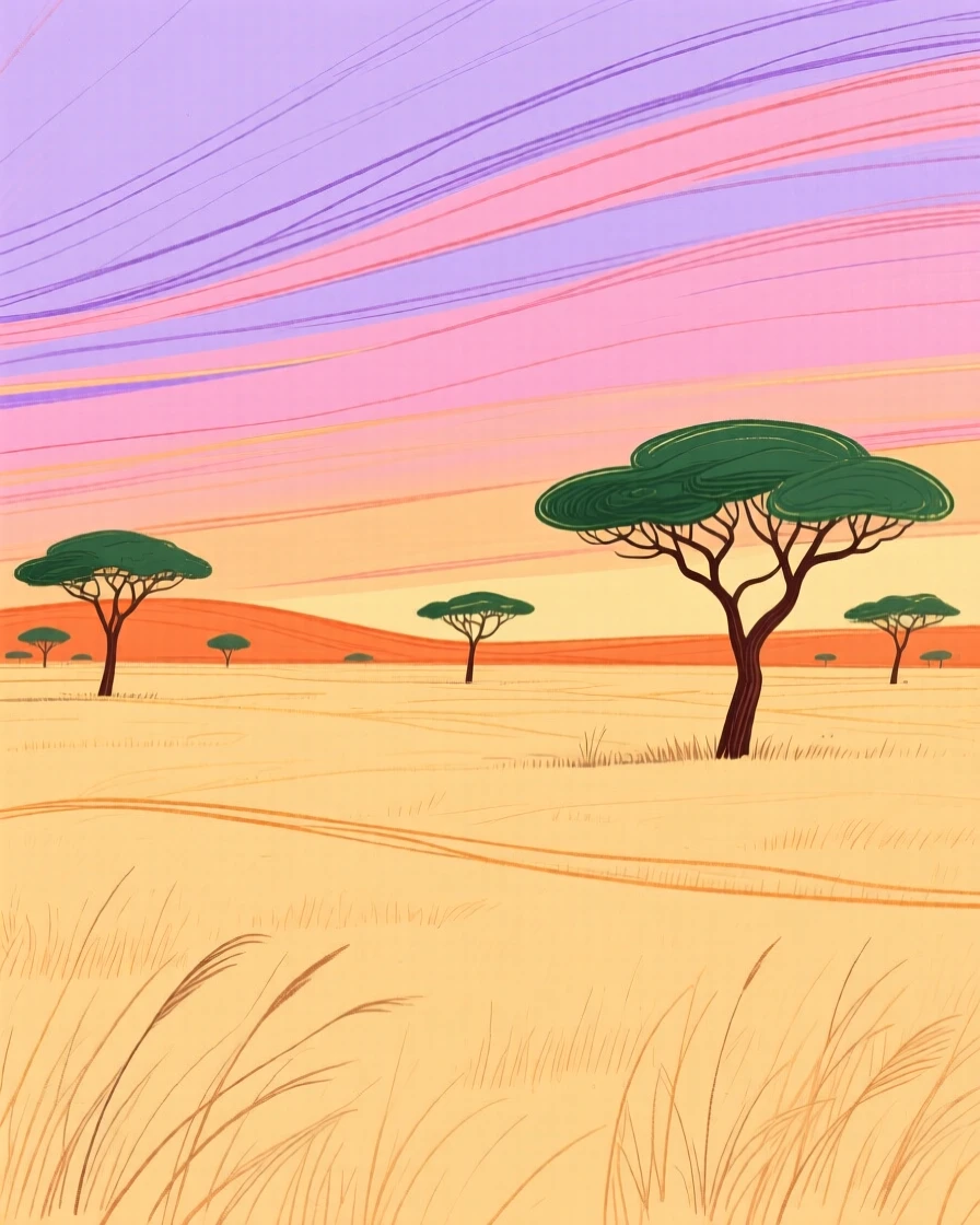 A wide savanna at sunset with acacia trees on the horizon.