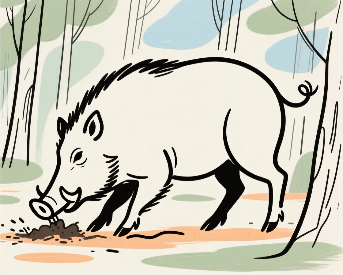 A wild boar rooting in a forest