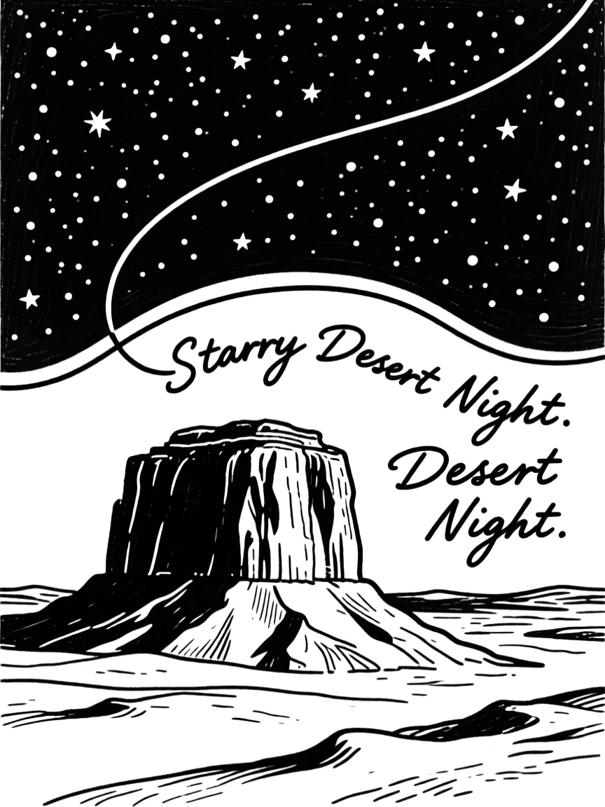 A star-filled night sky over a silhouetted desert mesa.