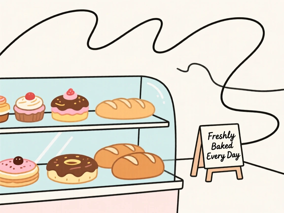 A bakery display of assorted pastries and fresh bread loaves.