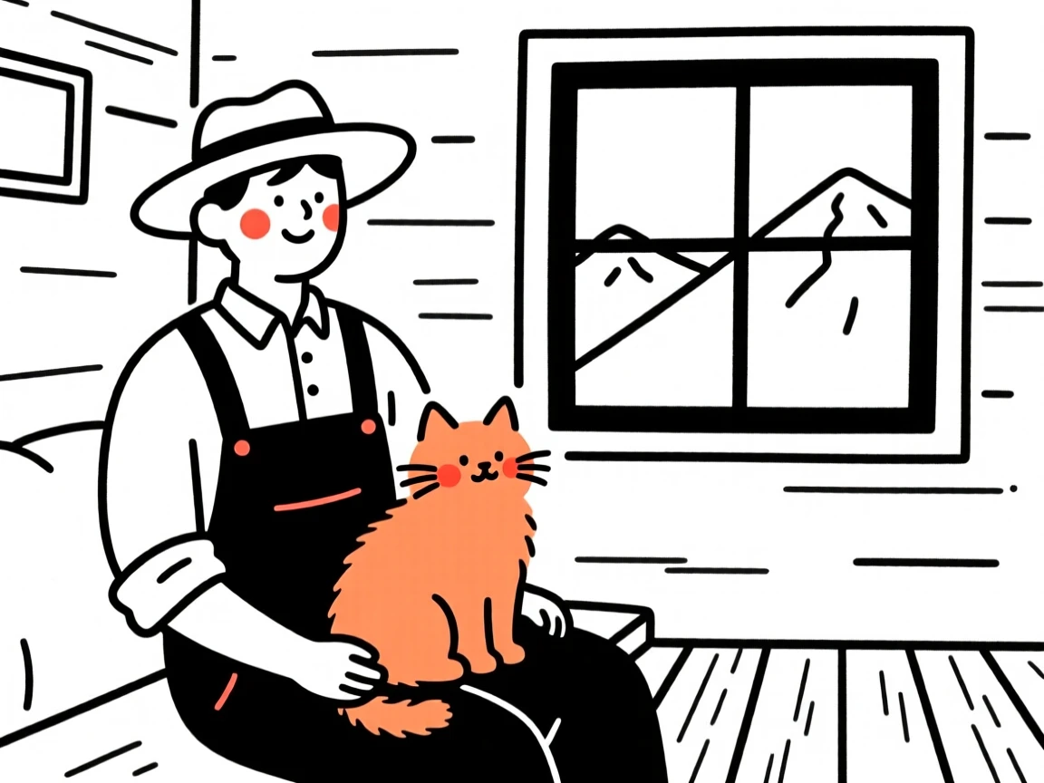 A farmer with a fluffy orange cat, in a mountain cabin.
