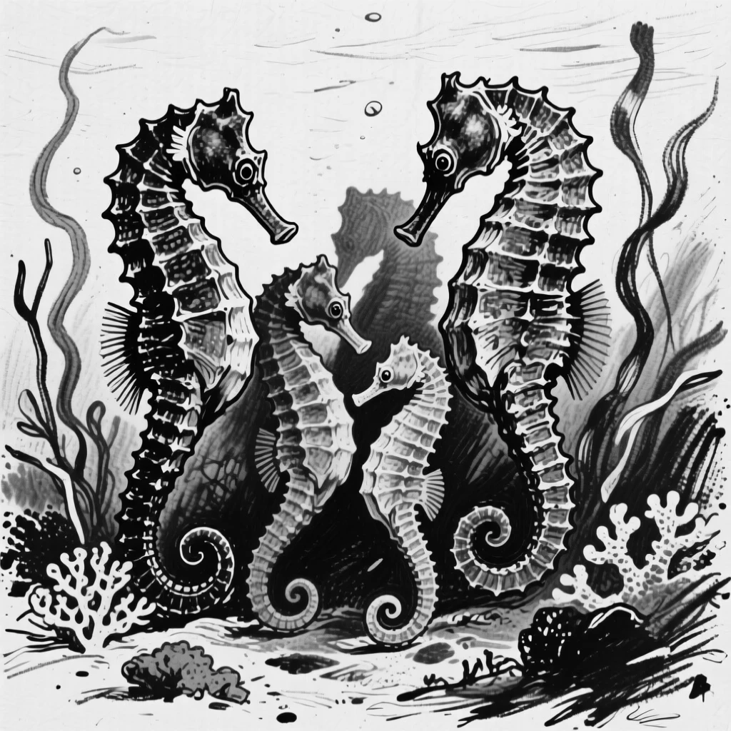 A seahorse gathered together as a family in their natural habitat.