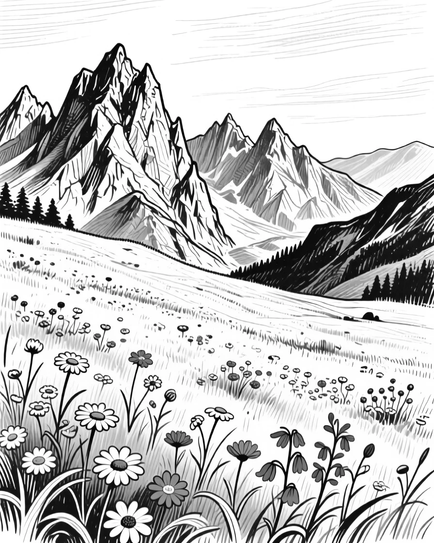 A quiet alpine meadow scattered with wildflowers beneath jagged peaks.