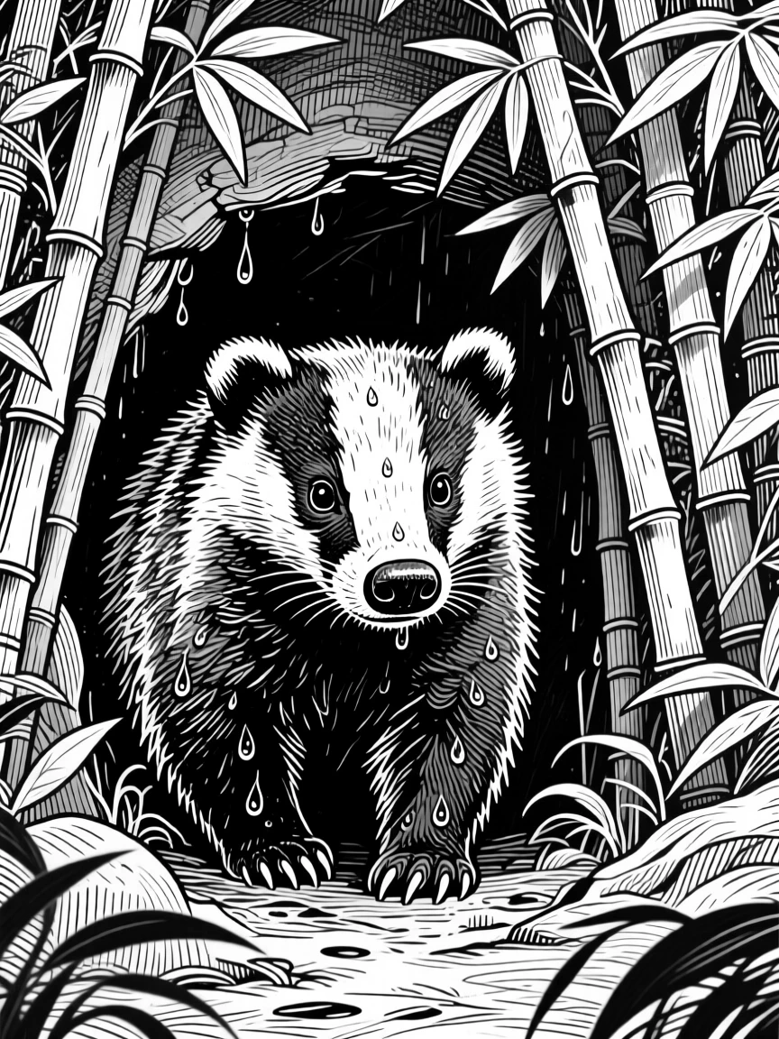 A badger at its den within a dense bamboo grove, with droplets of water clinging to its coat, capturing a mysterious and alert moment in nature with a strong, centered focal point.